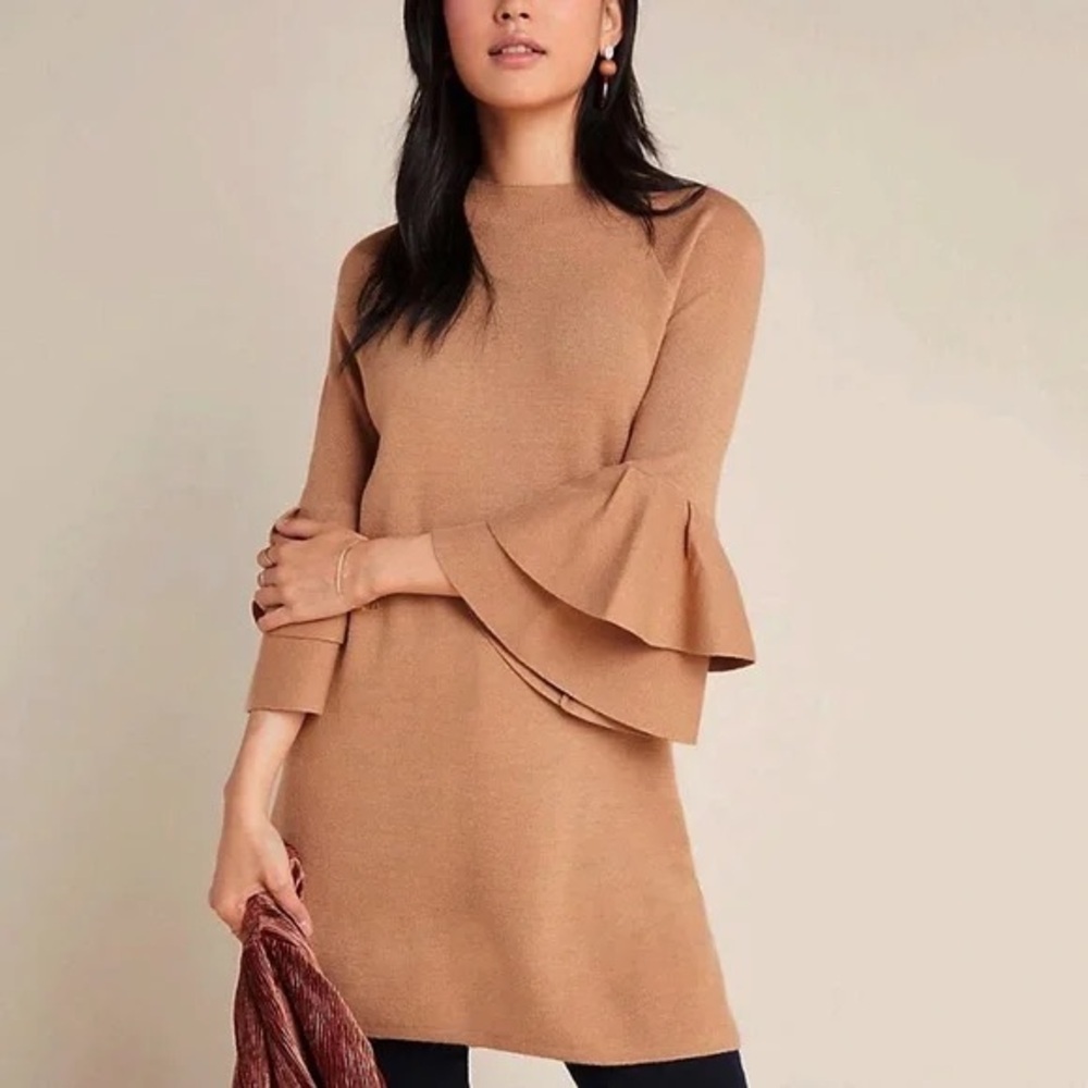 Anthropologie  Claudette  Ruffled Stylish Tan Bell Sleeve Top Dress